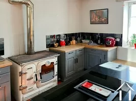 kitchen with wood stove