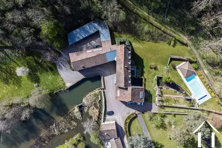 Draufsicht auf Mühle und Teich